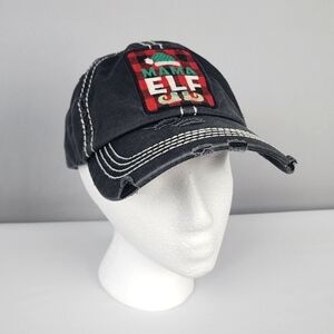 Christmas Mama Elf Distressed Hat Cap Velcro Adjustable